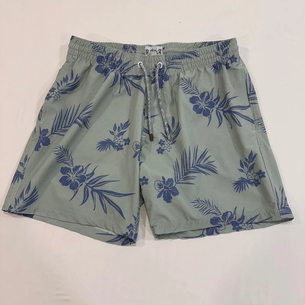 Free Planet Tropical Floral Swim Trunks Mens Size M Sage Green Drawstring | Surf